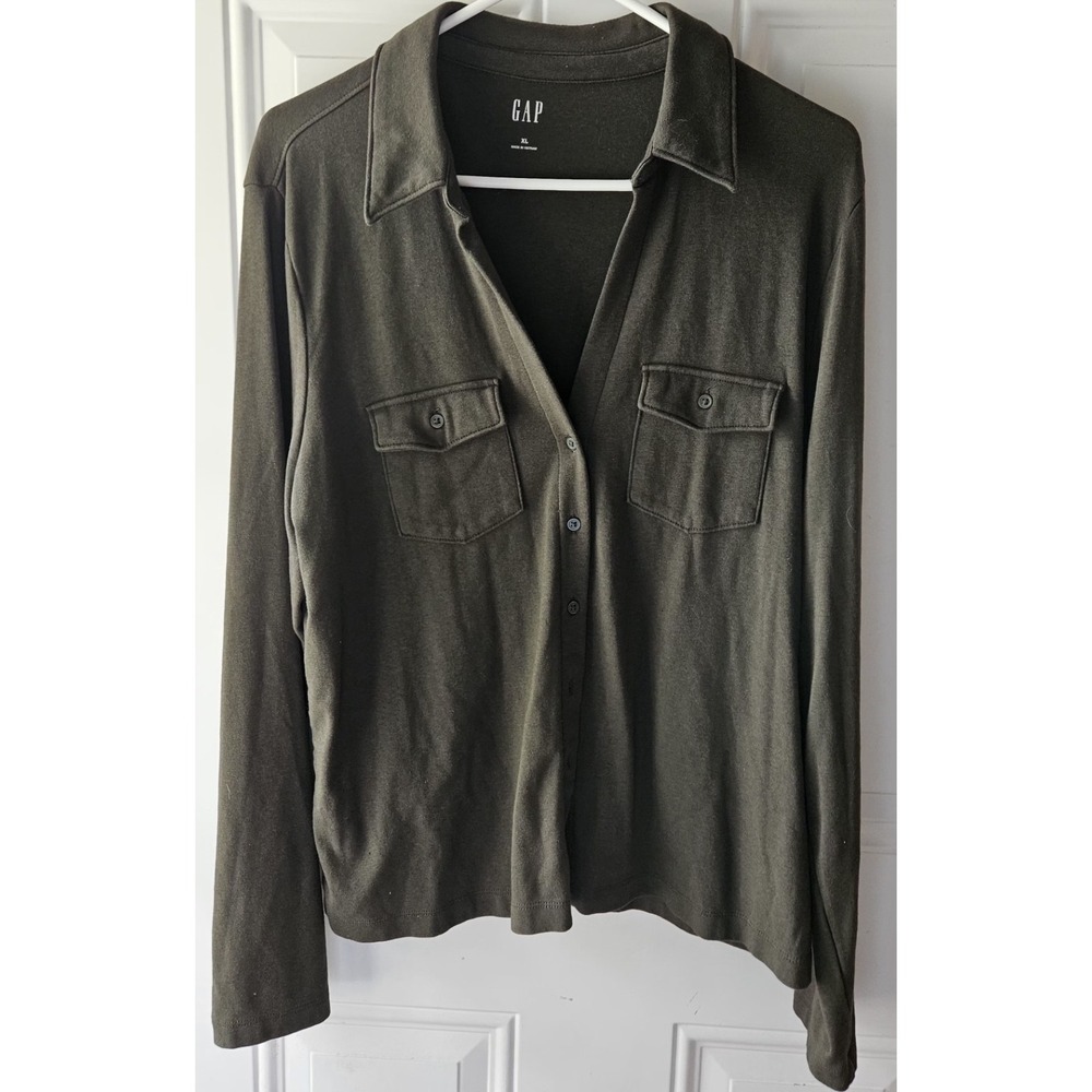 Gap Womens XL Button Front Knit Top Olive Green Long Sleeve Stretch Blouse